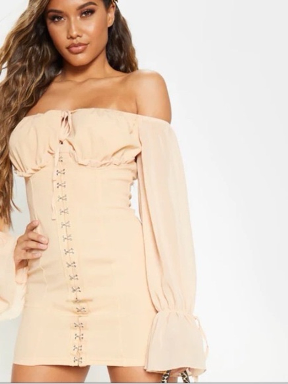 PrettyLittleThing Nude Off-Shoulder Long Sleeve Mini Dress